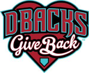 Logo with a red heart background featuring bold text "D-Backs Give Back" in teal and red colors.