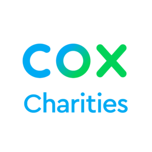 Logo of Cox Charities, featuring "COX" in blue and green gradient, and "Charities" in blue below it.