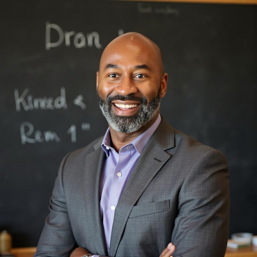 A man with a beard, wearing a gray suit and purple shirt, stands smiling in front of a chalkboard with partially visible writing.