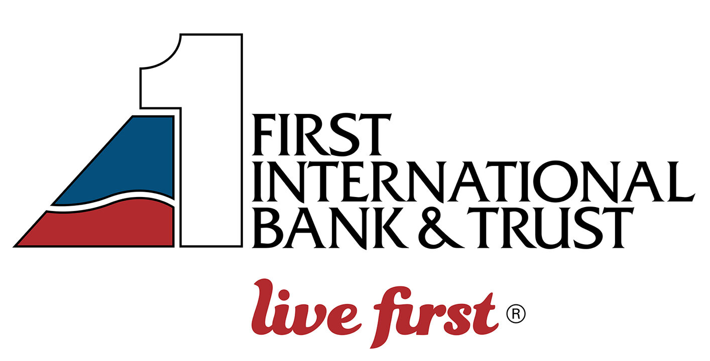 Logo of First International Bank & Trust with the slogan "live first" beneath. Logo features a stylized number 1 with blue and red segments.