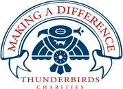 Logo of Thunderbirds Charities with a stylized bird and the slogan 